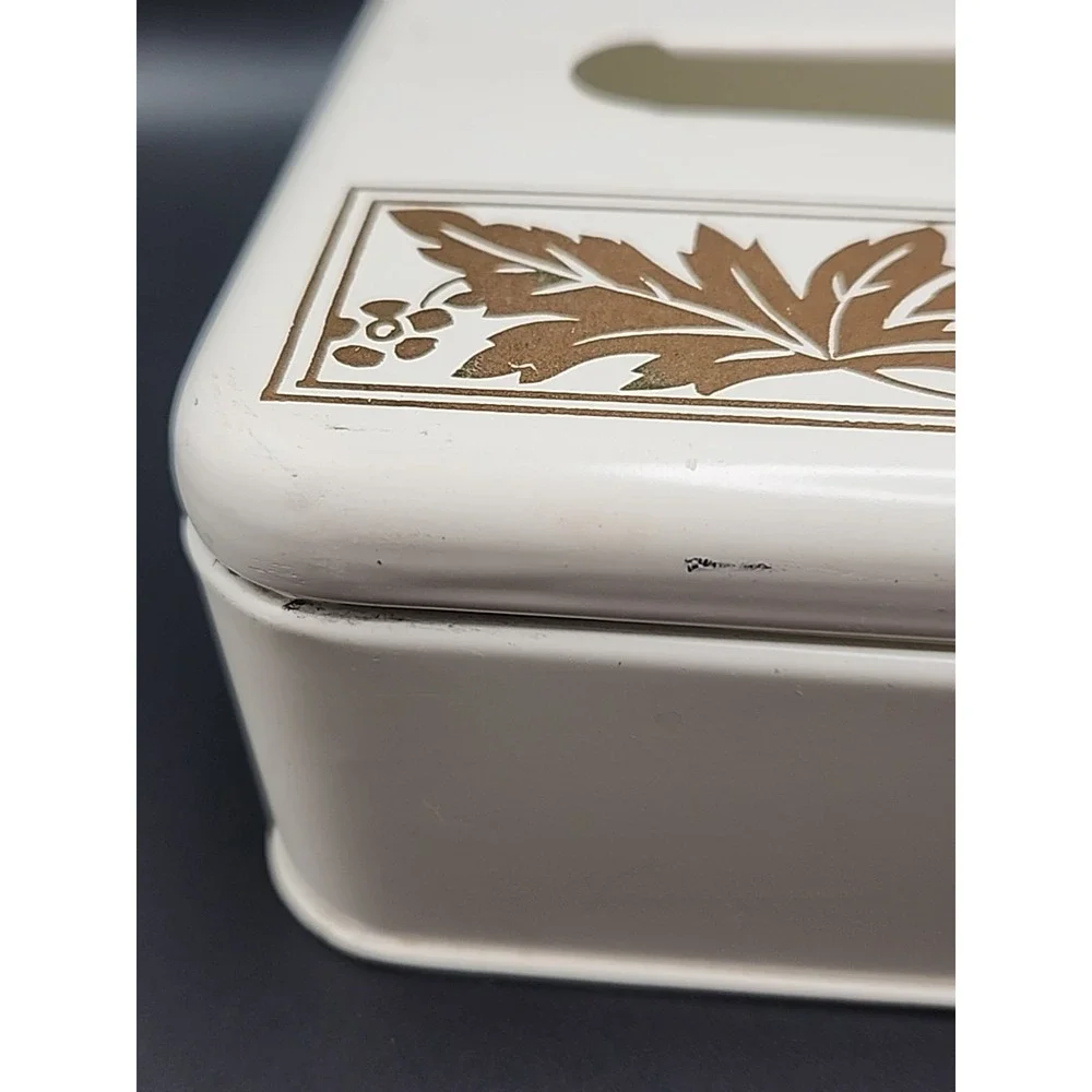 Vintage‎ Ransburg Metal Tissue Box Holder White W/ Gold Leaf Design Mountable